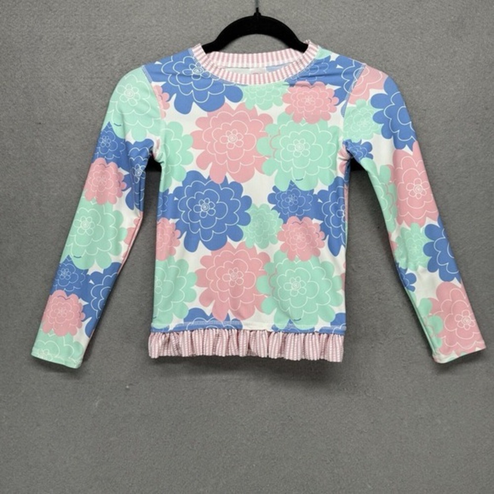 Ruffle Butts Rash Guard Girls Size 7 Seersucker‎ Blue Pink Swim Top Long-Sleeve